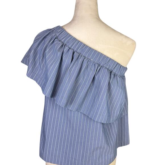 Koch Blue Pinstripe One Shoulder Ruffle Blouse Top Matching Shorts Two Piece Set - Picture 7 of 11